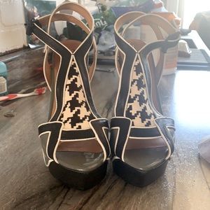 L.A.M.B. Black and White Houndstooth T-Strap Platform Heels